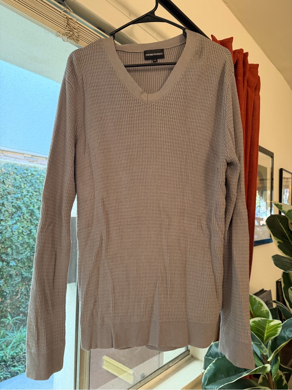 Emporio Armani Men's V-Neck Waffle Knit Sweater - Grey
